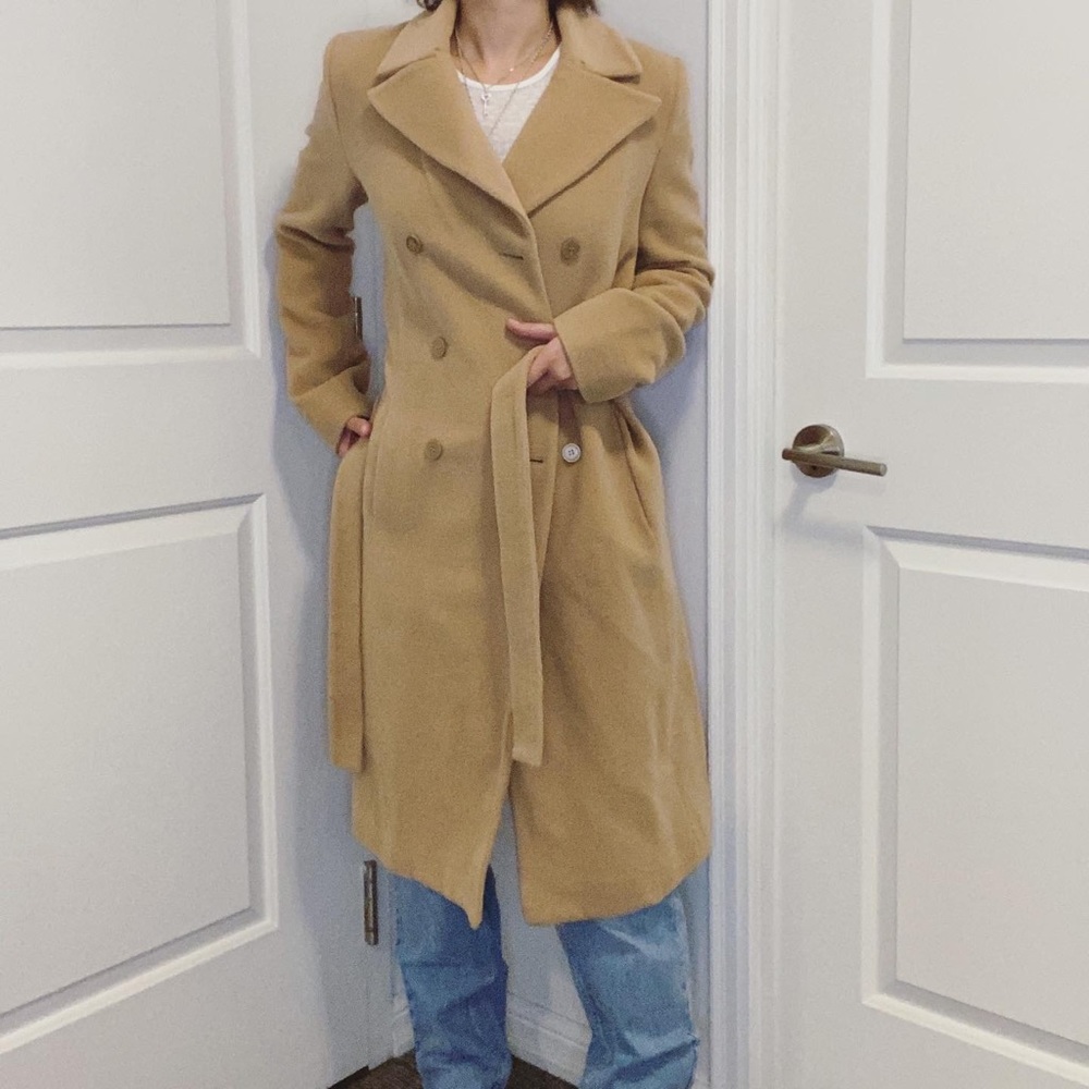 Atos Lombardini Double Breasted Tie Waist Wool Blend Tan Coat Size XS